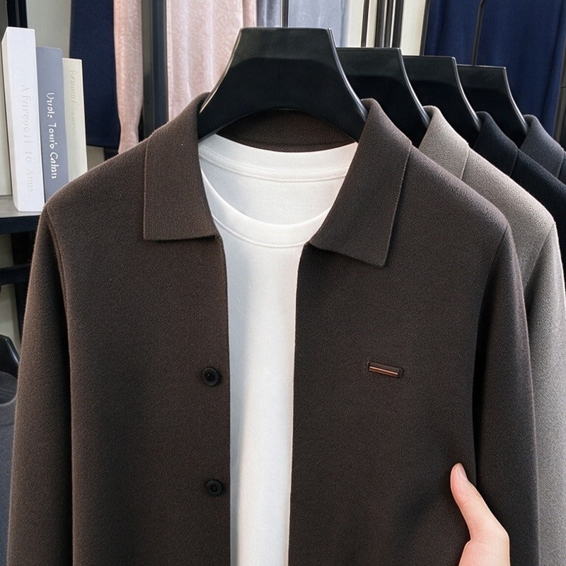 Shirt-Collar Knit Cardigan, Button Front – Men – Chocolate – close