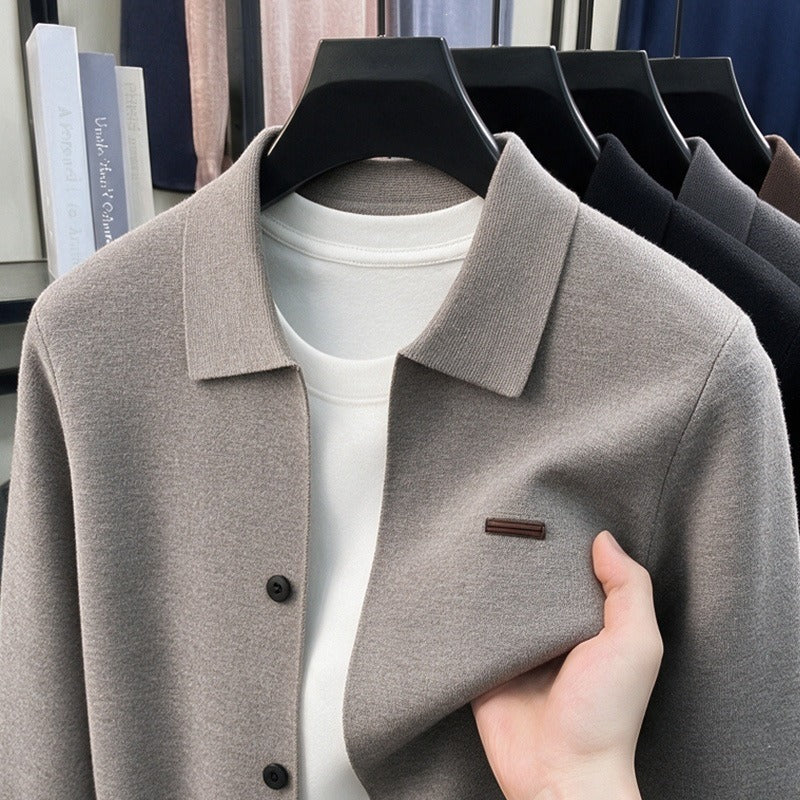 Shirt-Collar Knit Cardigan, Button Front – Men – Stone – close