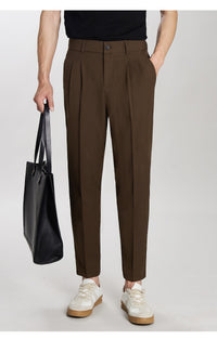 Pleated Tapered Trousers, Stretch, Ankle Length – Men – Brown – worn, full length