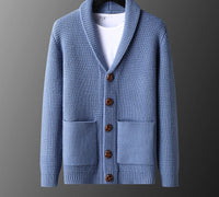 Waffle-Knit Shawl Collar Cardigan – Men – Light Blue – front