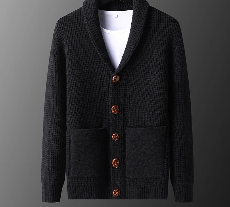 Waffle-Knit Shawl Collar Cardigan – Men – Black – front