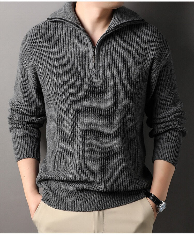 Chunky Rib Half-Zip Sweater, Fold-Down Collar – Men – Charcoal – worn, front