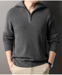 Chunky Rib Half-Zip Sweater, Fold-Down Collar – Men – Charcoal – worn, front
