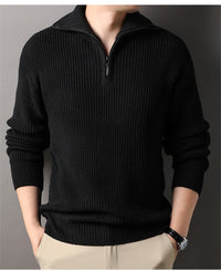 Chunky Rib Half-Zip Sweater, Fold-Down Collar – Men – Black – worn, front