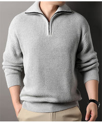 Chunky Rib Half-Zip Sweater, Fold-Down Collar – Men – Grey – worn, front