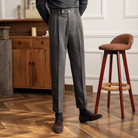 Pleated Flannel-Look Trousers, Tab Waist – Men – Charcoal – full length