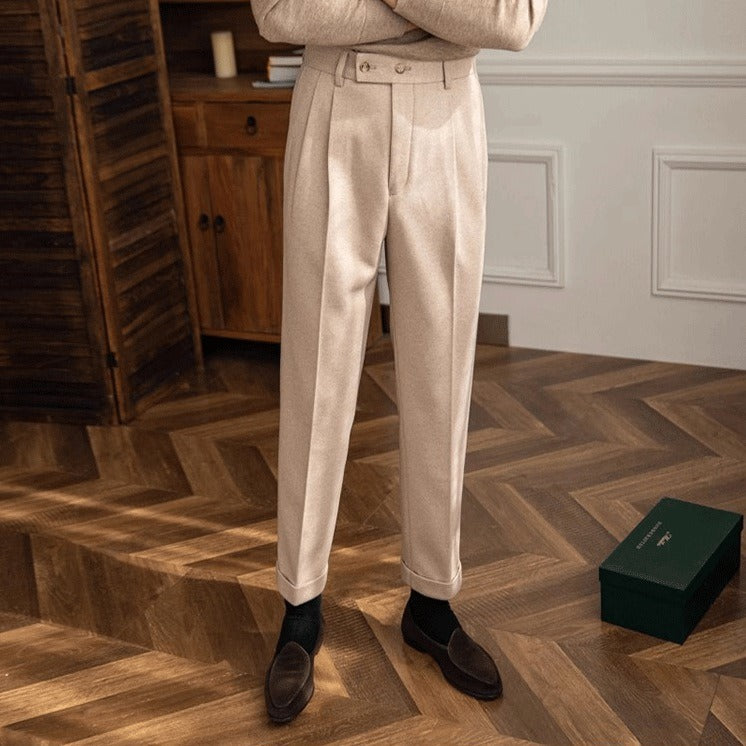 Pleated Flannel-Look Trousers, Tab Waist – Men – Beige – full length