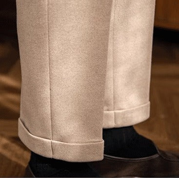 Pleated Flannel-Look Trousers, Tab Waist – Men – Beige – turn-up detail