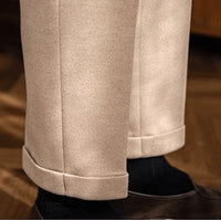Pleated Flannel-Look Trousers, Tab Waist – Men – Beige – turn-up detail