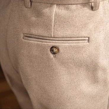 Pleated Flannel-Look Trousers, Tab Waist – Men – Beige – back pocket detail