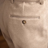Pleated Flannel-Look Trousers, Tab Waist – Men – Beige – back pocket detail