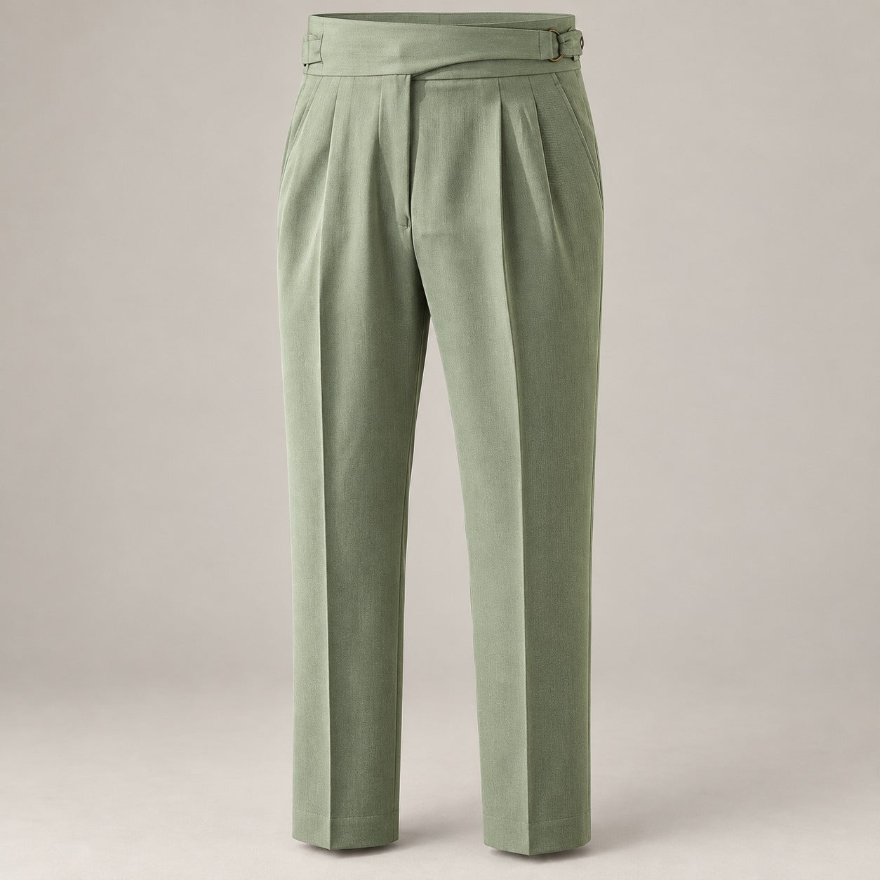 Extended-Tab Pleated Trousers, Side Buckle, No-Iron – Men – Olive – front