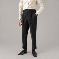 Extended-Tab Pleated Trousers, Side Buckle, No-Iron – Men – Black – worn, full length