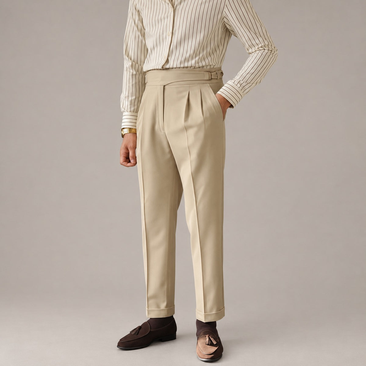 Extended-Tab Pleated Trousers, Side Buckle, No-Iron – Men – Stone – worn, full length