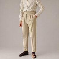 Extended-Tab Pleated Trousers, Side Buckle, No-Iron – Men – Stone – worn, full length