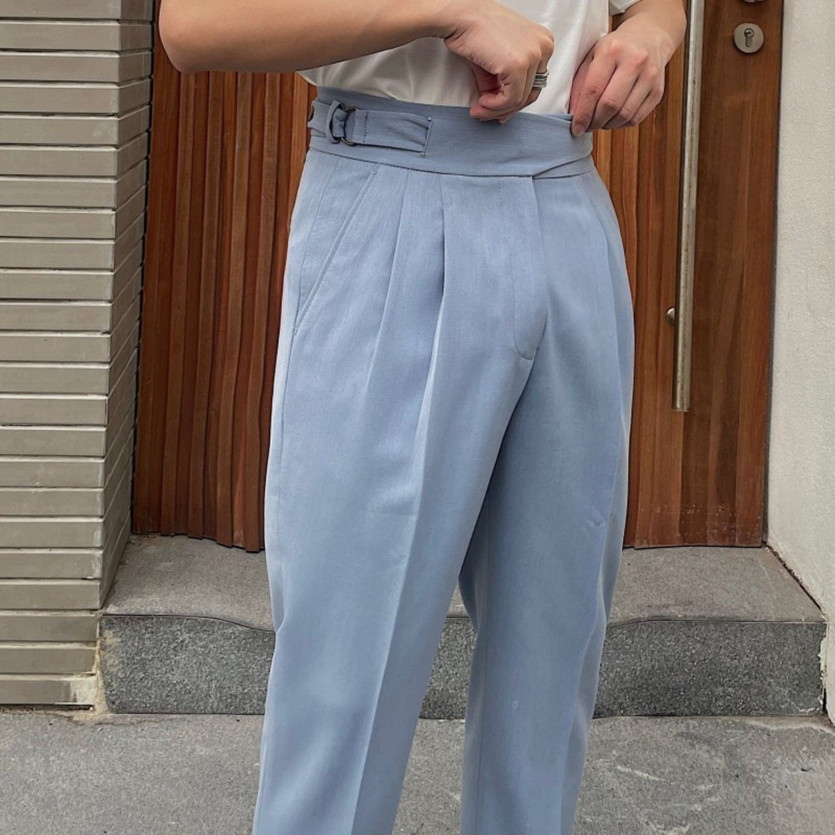Extended-Tab Pleated Trousers, Side Buckle, No-Iron – Men – Light Blue – side buckle detail