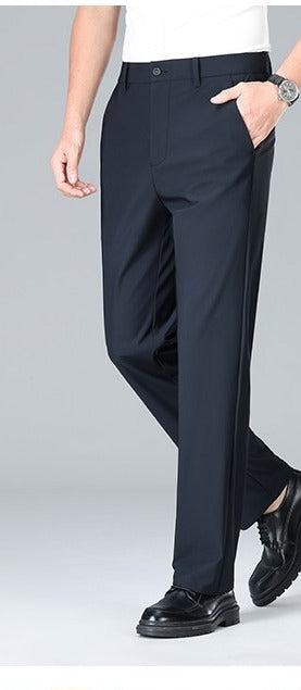 Lightweight Stretch Straight Trousers – Men – Navy – worn, full length