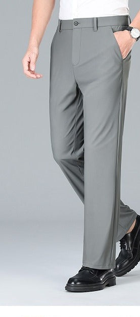 Lightweight Stretch Straight Trousers – Men – Grey – worn, full length