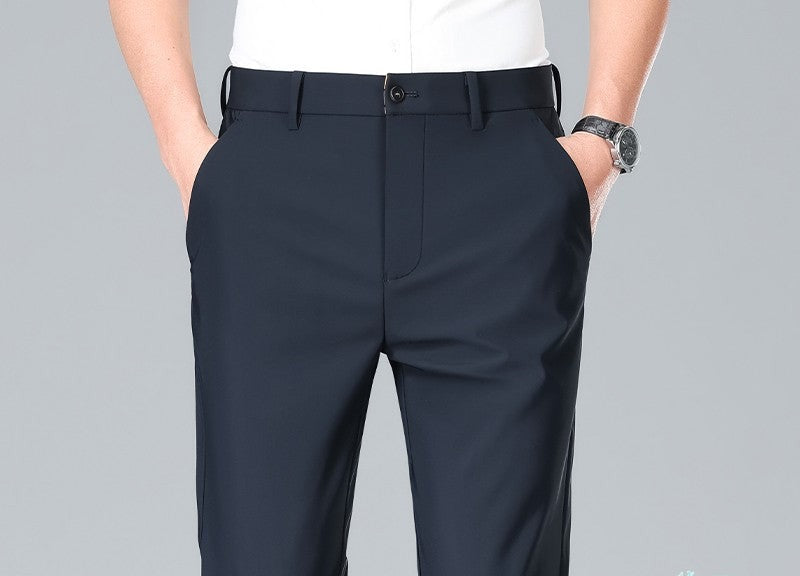 Lightweight Stretch Straight Trousers – Men – Navy – worn, front