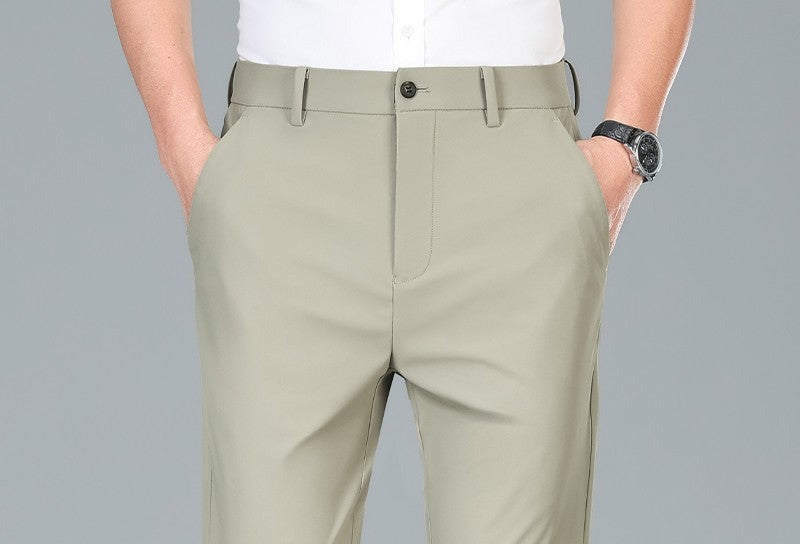 Lightweight Stretch Straight Trousers – Men – Stone – worn, front