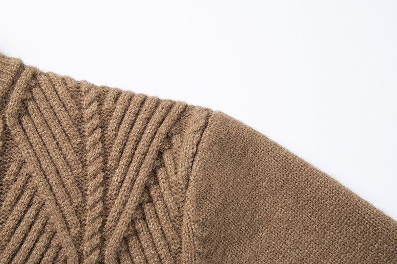 Diamond-Knit Button Stand-Collar Sweater – Men – Camel – shoulder detail
