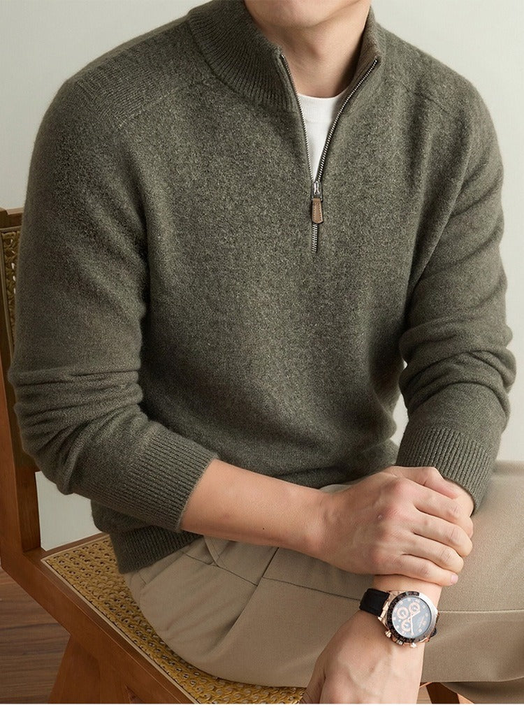 90% Wool Quarter-Zip Sweater, Cashmere and Silk – Men – Olive – worn, seated