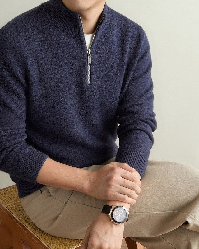 90% Wool Quarter-Zip Sweater, Cashmere and Silk – Men – Navy – worn