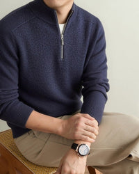 90% Wool Quarter-Zip Sweater, Cashmere and Silk – Men – Navy – worn
