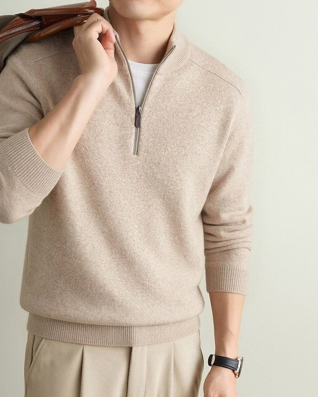 90% Wool Quarter-Zip Sweater, Cashmere and Silk – Men – Beige – worn
