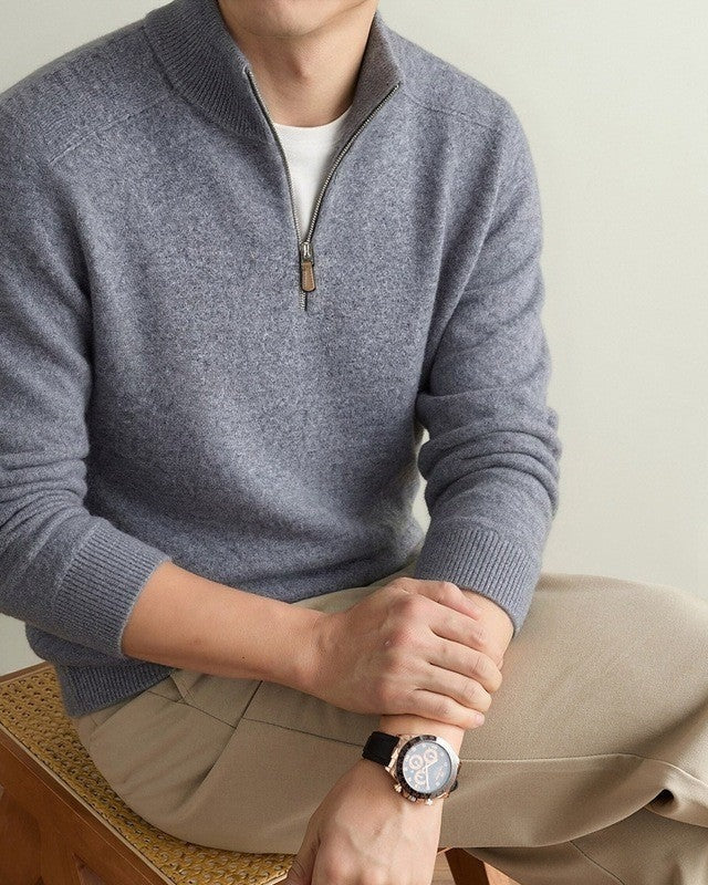 90% Wool Quarter-Zip Sweater, Cashmere and Silk – Men – Grey – worn, seated