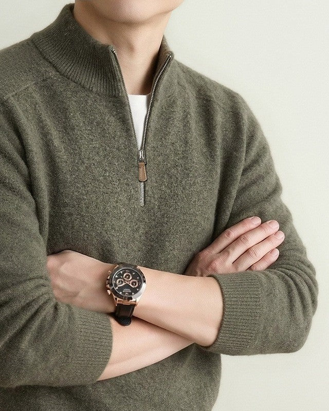 90% Wool Quarter-Zip Sweater, Cashmere and Silk – Men – Olive – worn