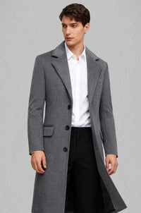 50% Wool Single-Breasted Long Overcoat – Men – Grey – worn