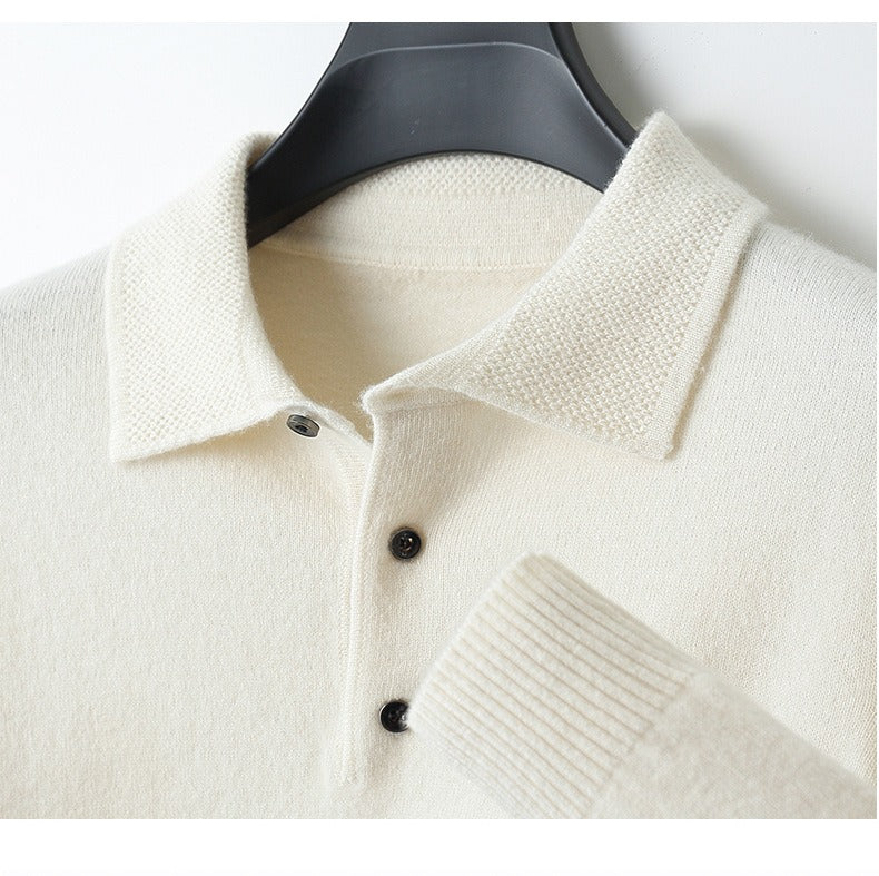 96–99% Wool Knit Polo Sweater, Long Sleeve – Men – Cream – collar and cuff