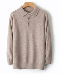 96–99% Wool Knit Polo Sweater, Long Sleeve – Men – Beige – front