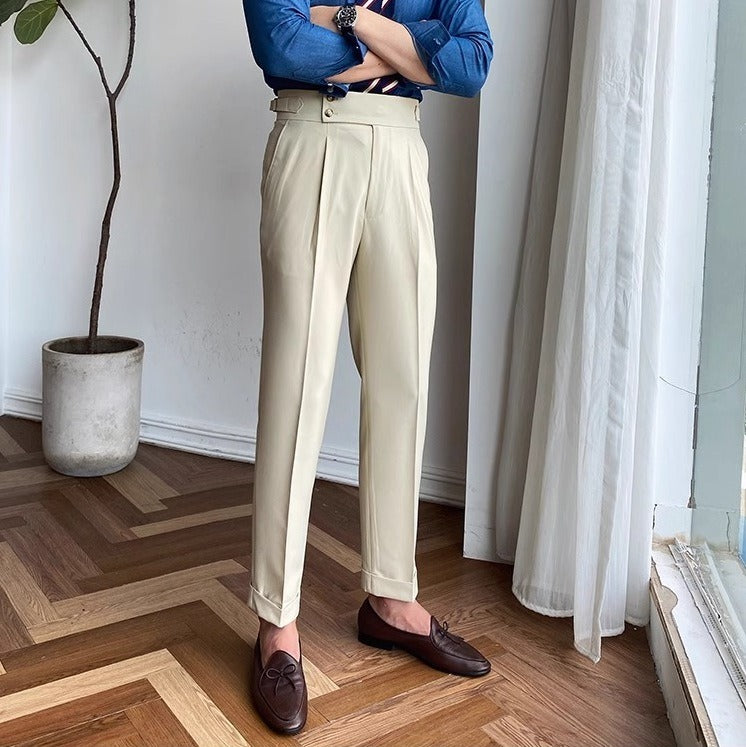 Wrinkle-Free High-Waist Pleated Trousers, Double-Button Tab – Men – Beige – full length
