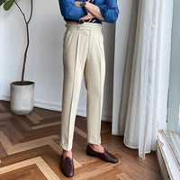 Wrinkle-Free High-Waist Pleated Trousers, Double-Button Tab – Men – Beige – full length