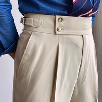 Wrinkle-Free High-Waist Pleated Trousers, Double-Button Tab – Men – Beige – tab detail
