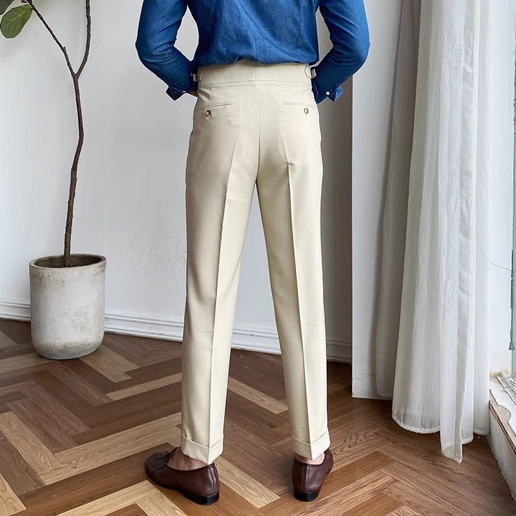 Wrinkle-Free High-Waist Pleated Trousers, Double-Button Tab – Men – Beige – back