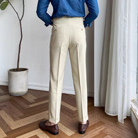 Wrinkle-Free High-Waist Pleated Trousers, Double-Button Tab – Men – Beige – back