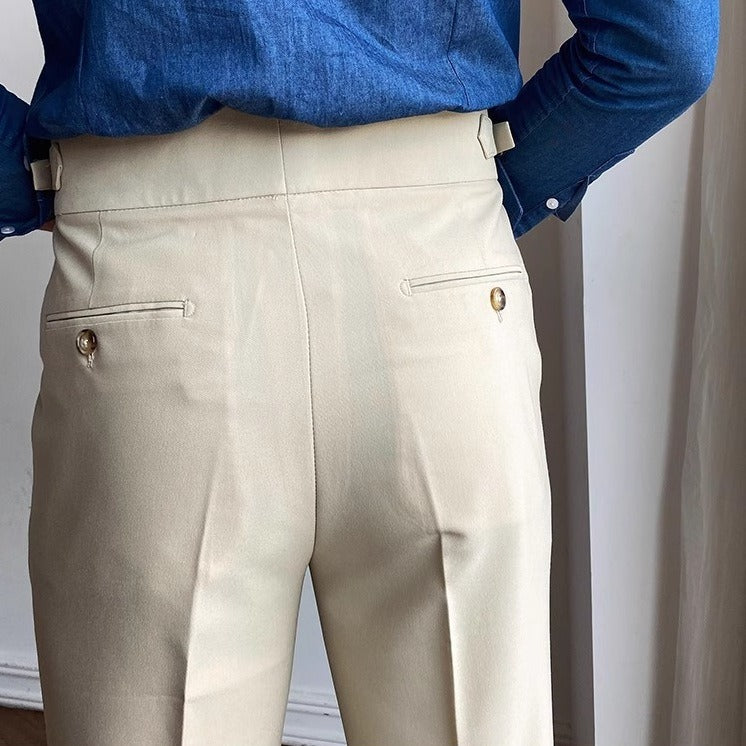 Wrinkle-Free High-Waist Pleated Trousers, Double-Button Tab – Men – Beige – back pocket detail