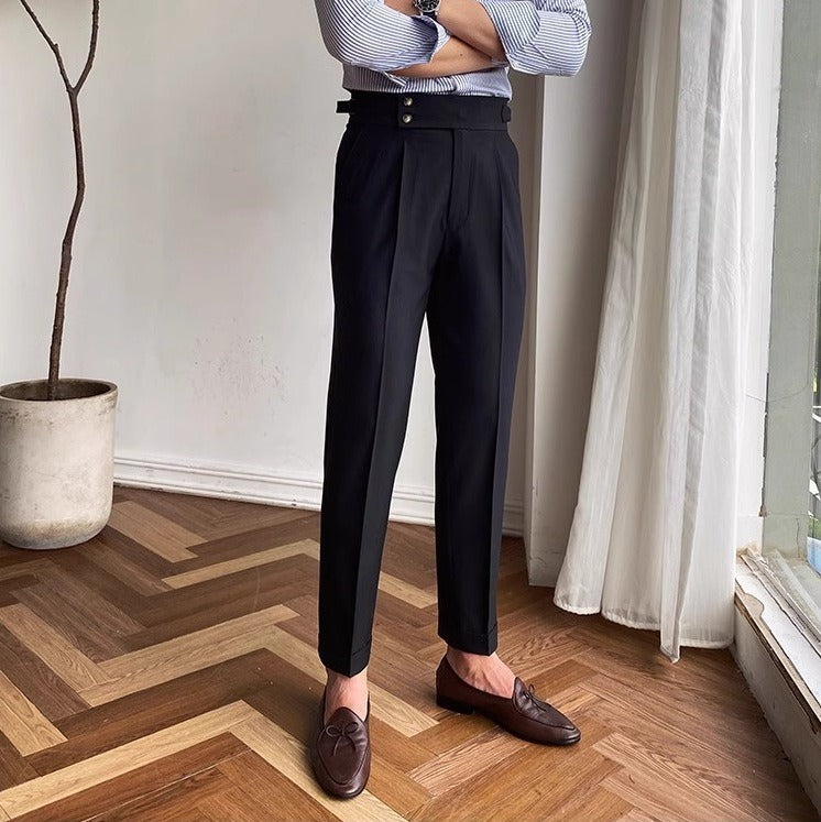 Wrinkle-Free High-Waist Pleated Trousers, Double-Button Tab – Men – Black – full length