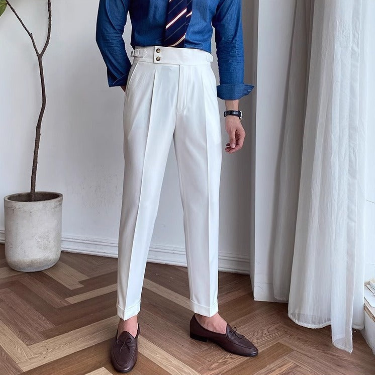 Wrinkle-Free High-Waist Pleated Trousers, Double-Button Tab – Men – White – full length