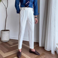 Wrinkle-Free High-Waist Pleated Trousers, Double-Button Tab – Men – White – full length