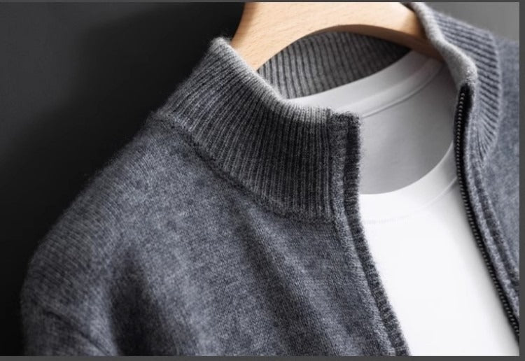 Tipped Stand-Collar Zip Cardigan – Men – Grey – shoulder