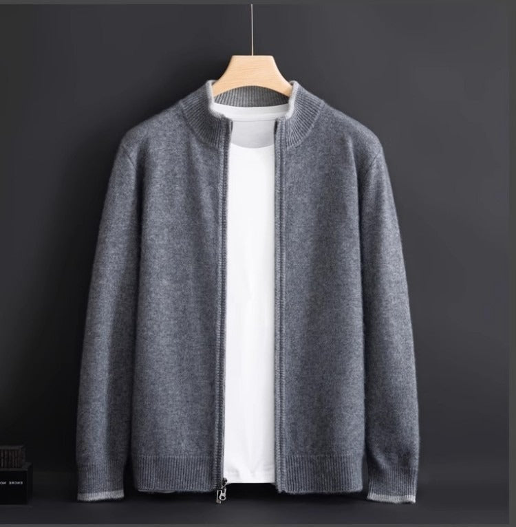 Tipped Stand-Collar Zip Cardigan – Men – Grey – front