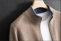 Tipped Stand-Collar Zip Cardigan – Men – Camel – shoulder
