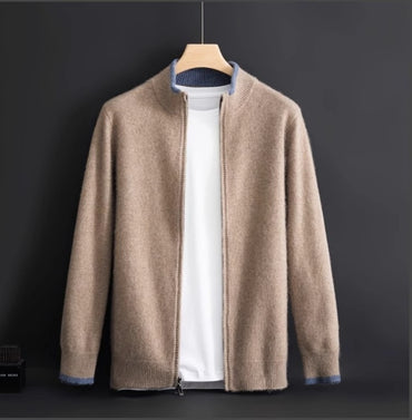 Tipped Stand-Collar Zip Cardigan – Men – Camel – front