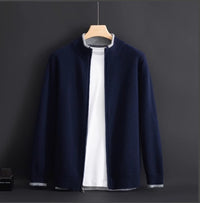 Tipped Stand-Collar Zip Cardigan – Men – Navy – front