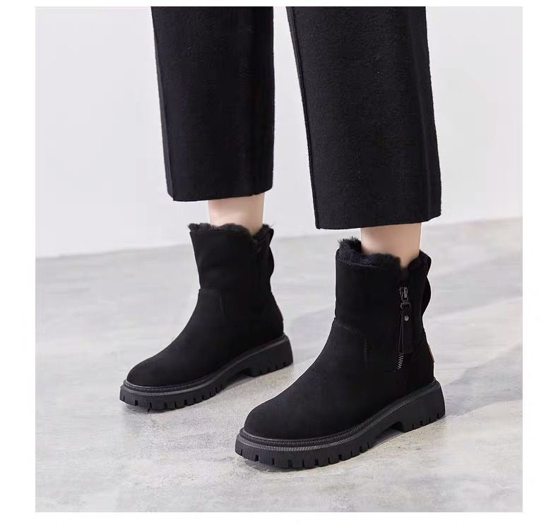Fur-Lined Winter Ankle Boots with Side Zip – Women – Black – worn, front