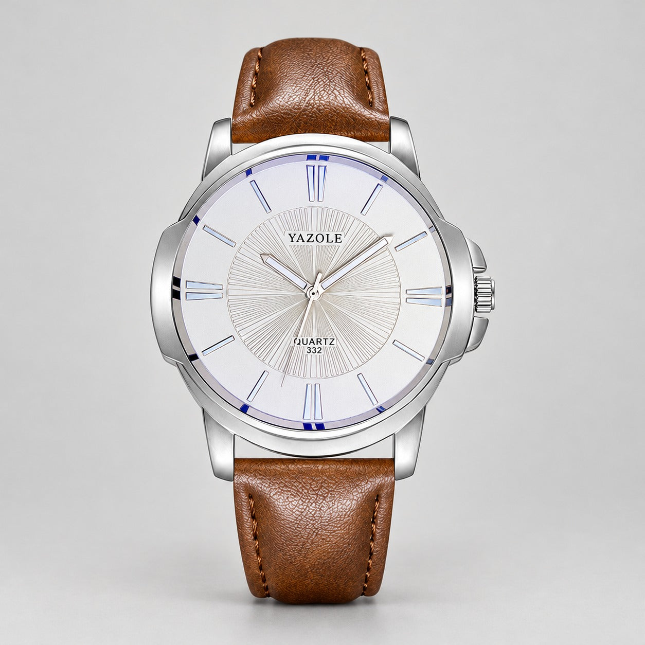 Minimalist Dress Watch, Leather Strap – Men – Silver · White Dial · Brown Strap – front